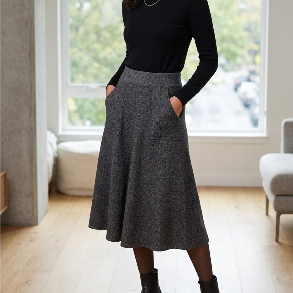 Zara Knit High-Waist A-Line Midi Skirt in Charcoal Gray